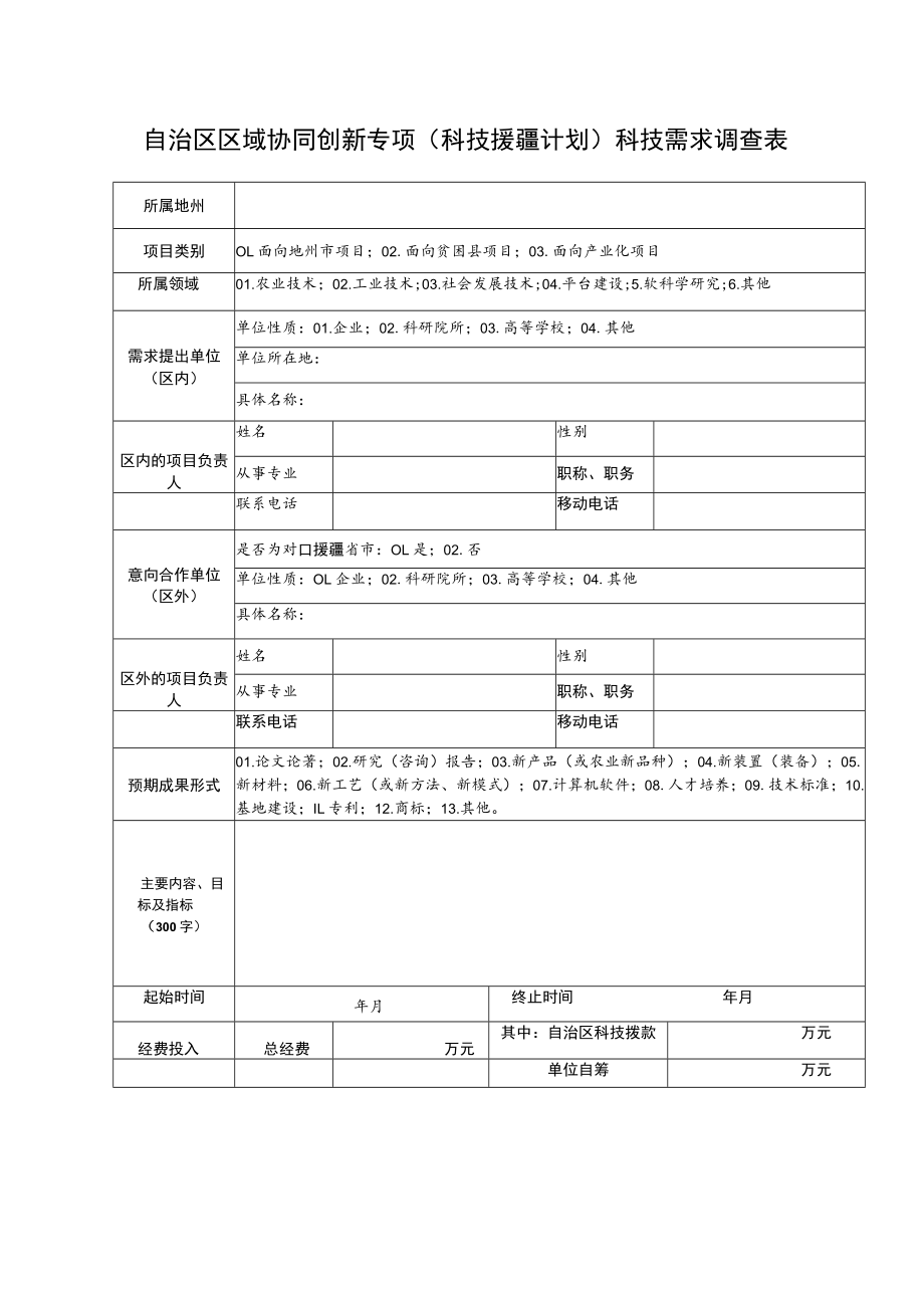 自治区区域协同创新专项科技援疆计划科技需求调查表.docx_第1页