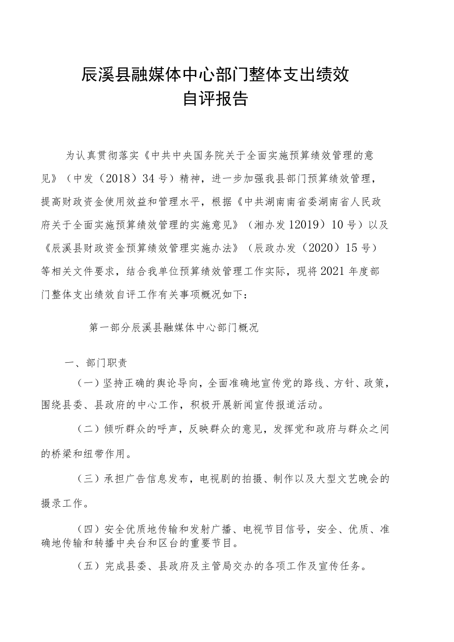 辰溪县融媒体中心部门整体支出绩效自评报告.docx_第1页