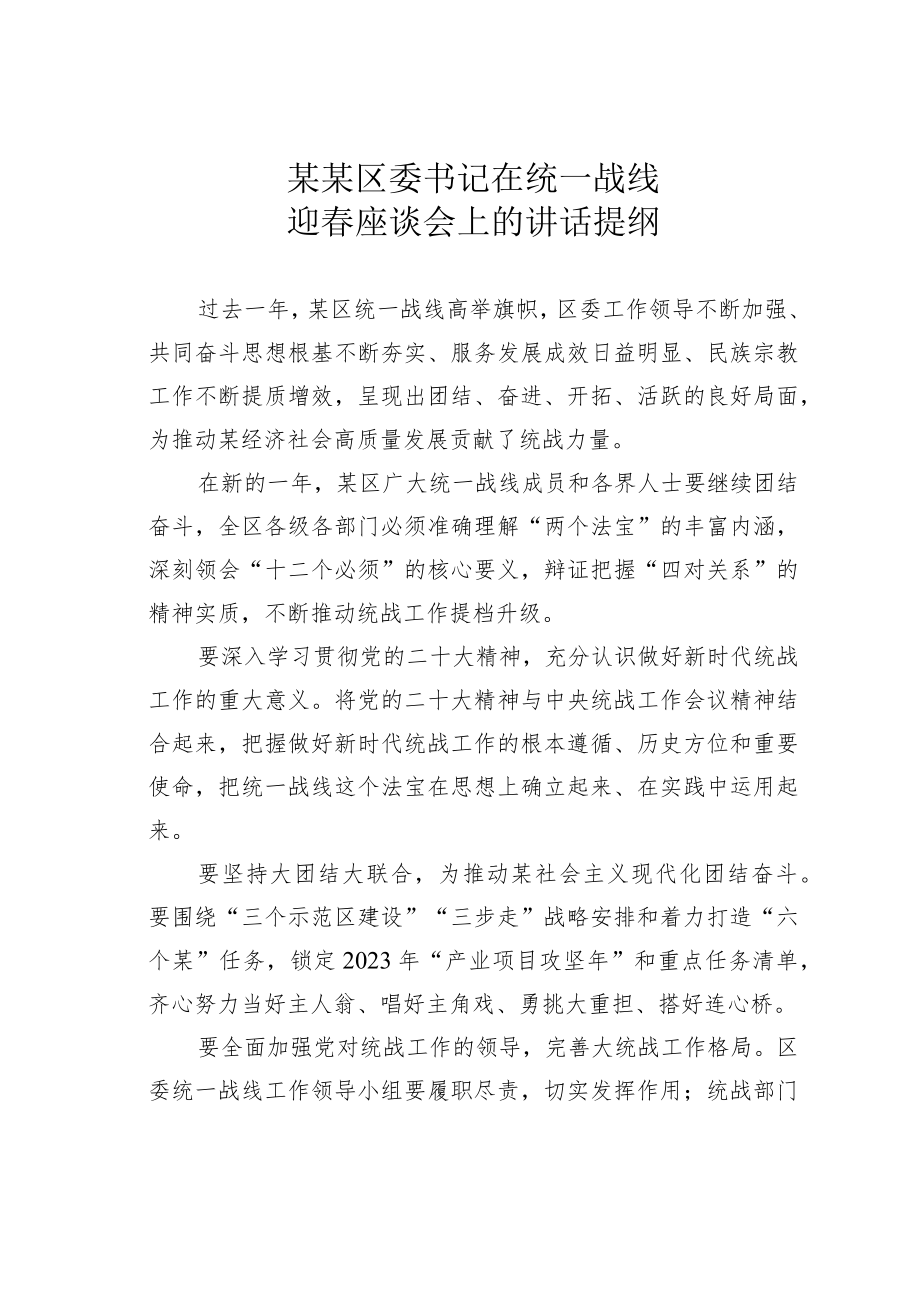 某某区委书记在统一战线迎春座谈会上的讲话提纲.docx_第1页