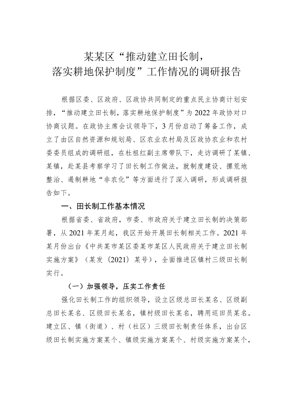 某某区“推动建立田长制落实耕地保护制度”工作情况的调研报告.docx_第1页