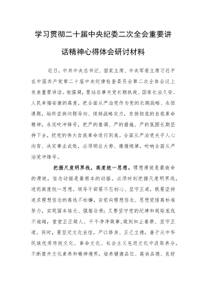 学习贯彻二十届中央纪委二次全会重要讲话精神心得体会研讨材料（一）.docx