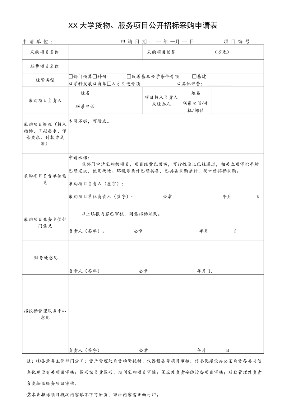 XX大学货物、服务项目公开招标采购申请表.docx_第1页