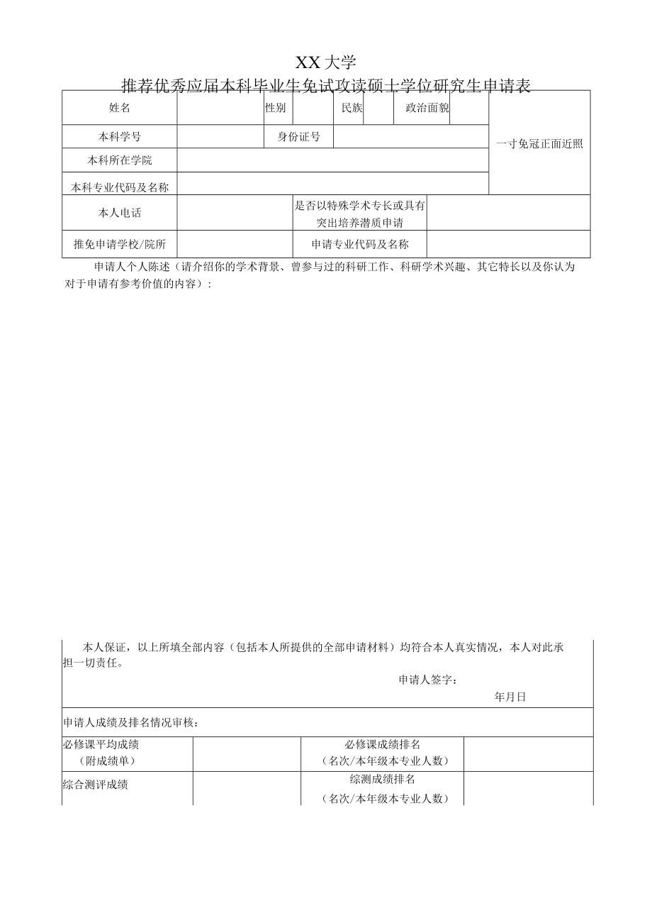 XX大学推荐优秀应届本科毕业生免试攻读硕士学位研究生申请表.docx_第1页