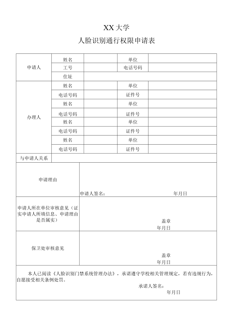 XX大学人脸识别通行权限申请表.docx_第1页