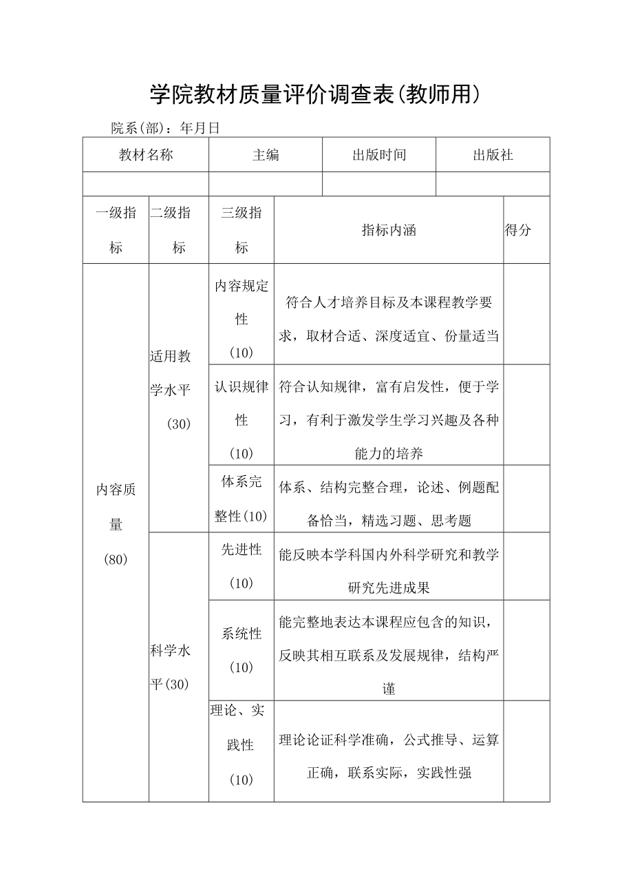 学院教材质量评价调查表（教师用）.docx_第1页