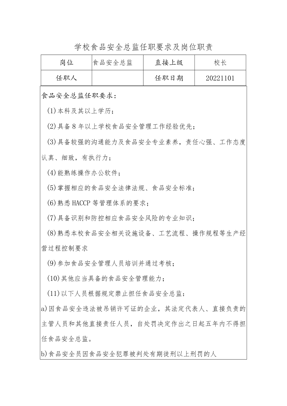 学校食品安全总监任职要求及岗位职责.docx_第1页