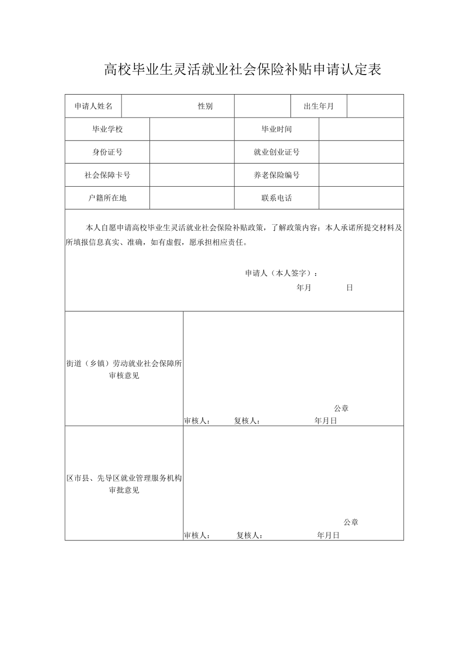 高校毕业生灵活就业社会保险补贴申请认定表.docx_第1页