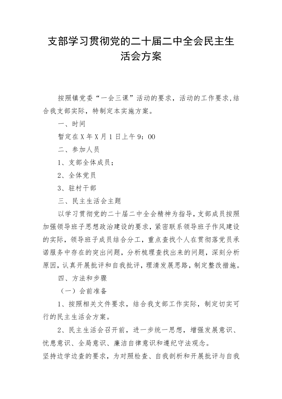 支部学习贯彻党的二十届二中全会民主生活会方案.docx_第1页