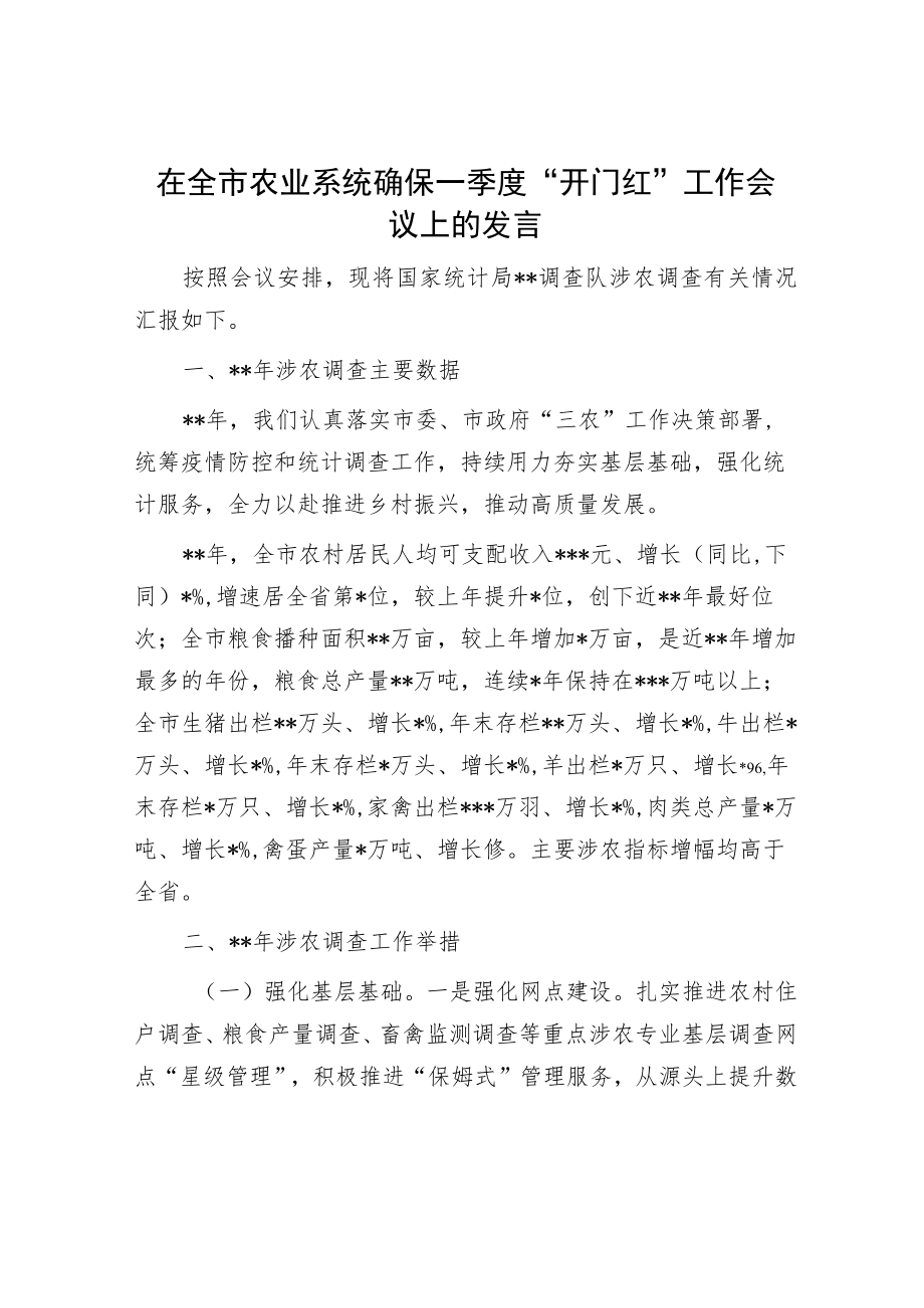 在全市农业系统确保一季度“开门红”工作会议上的发言.docx_第1页