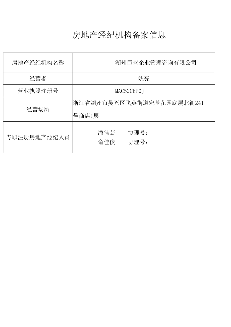 湖州巨盛企业管理咨询有限公司房地产经纪机构备案信息.docx_第1页