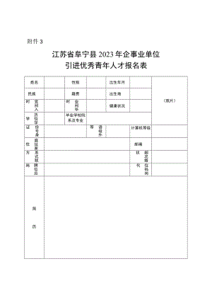 江苏省阜宁县2023年企事业单位引进优秀青年人才报名表.docx