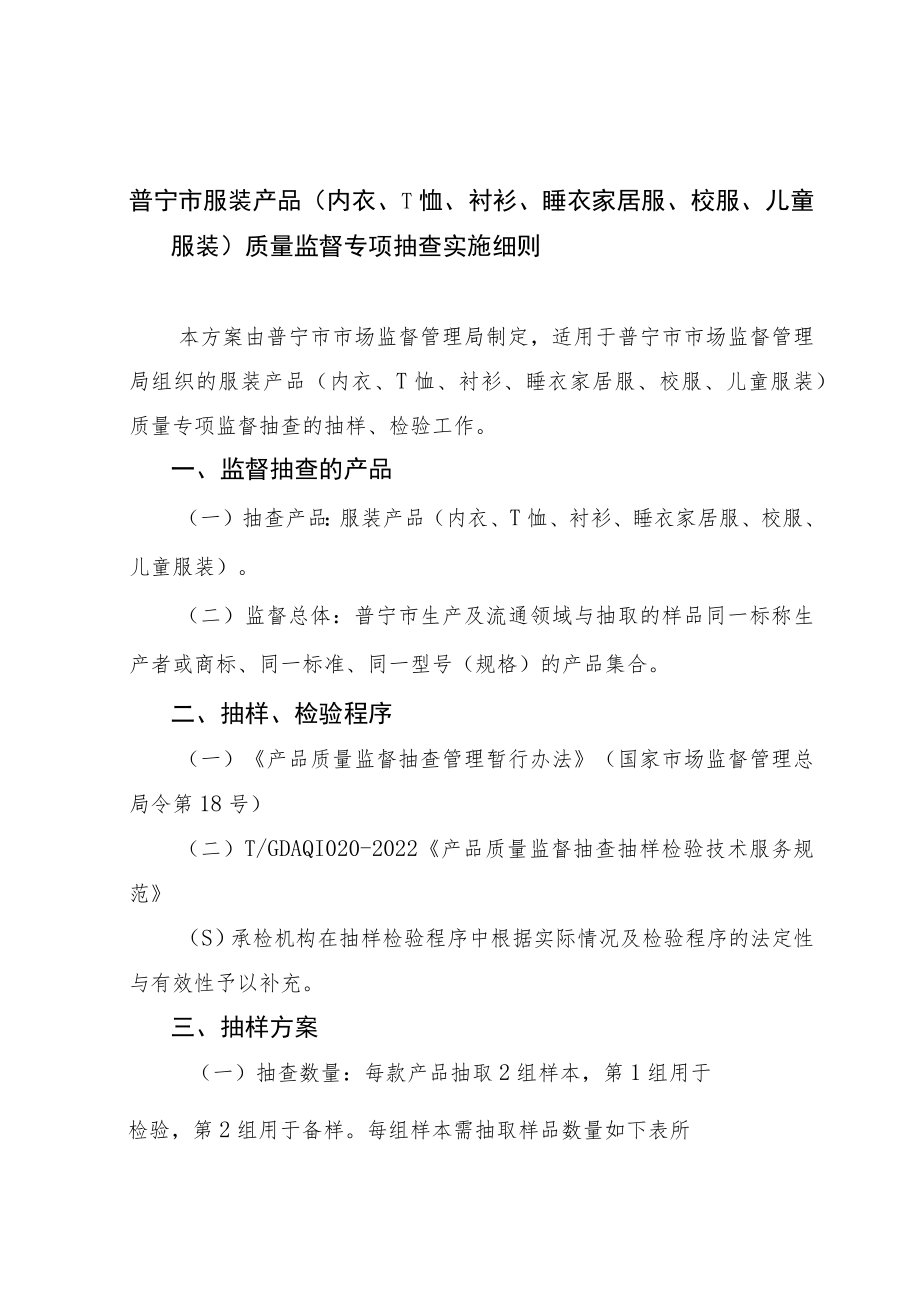 普宁市服装产品内衣、T恤、衬衫、睡衣家居服、校服、儿童服装质量监督专项抽查实施细则.docx_第1页