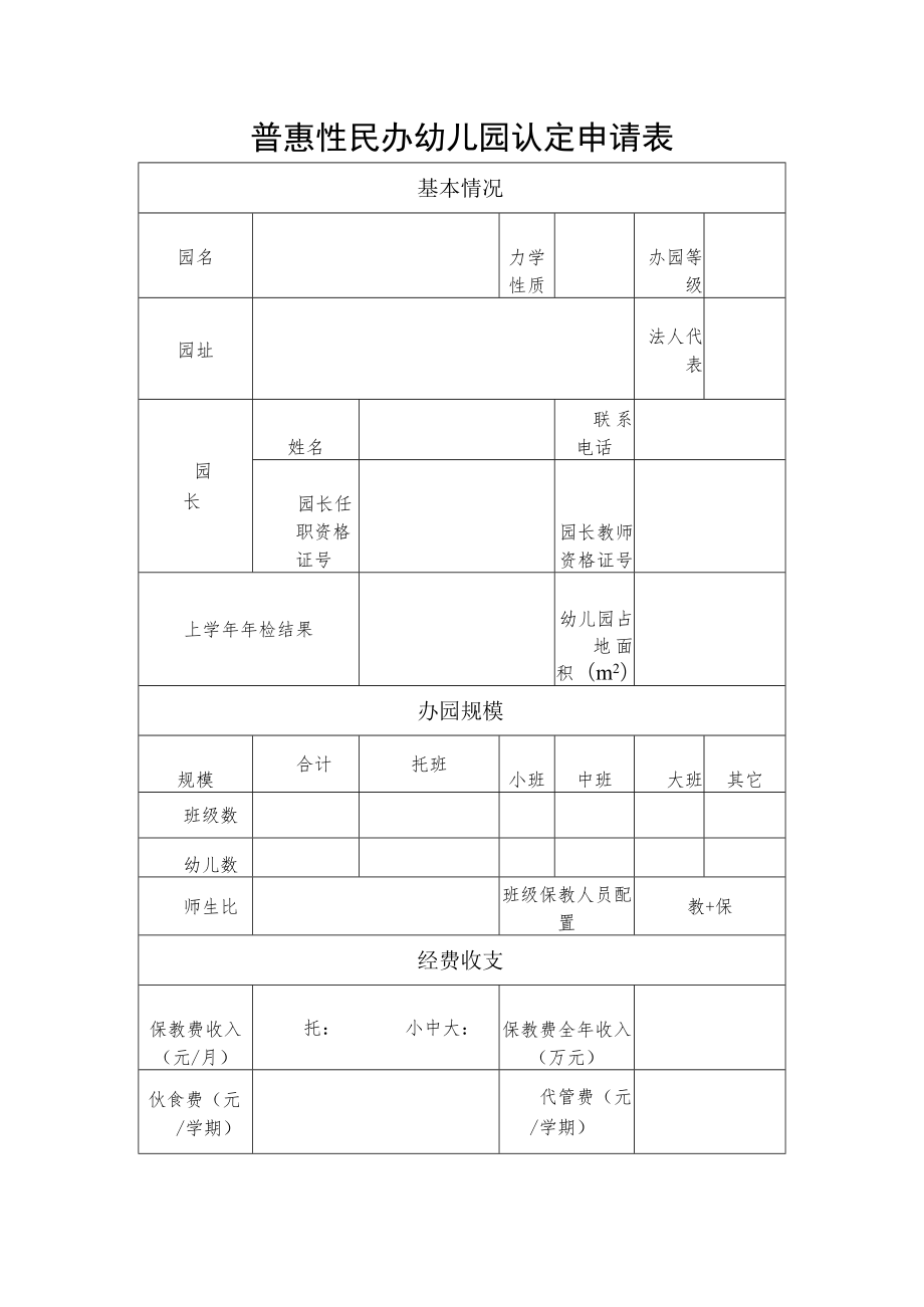 普惠性民办幼儿园认定申请表.docx_第1页