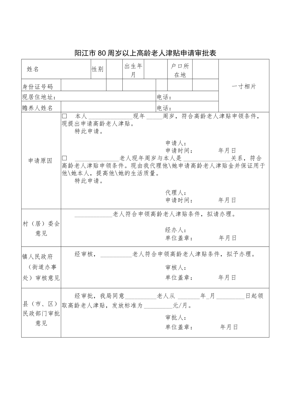 阳江市80周岁以上高龄老人津贴申请审批表.docx_第1页