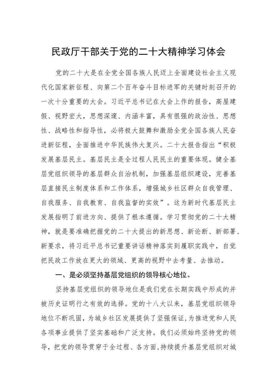 民政厅干部关于党的二十大精神学习体会范文通用三篇.docx_第1页