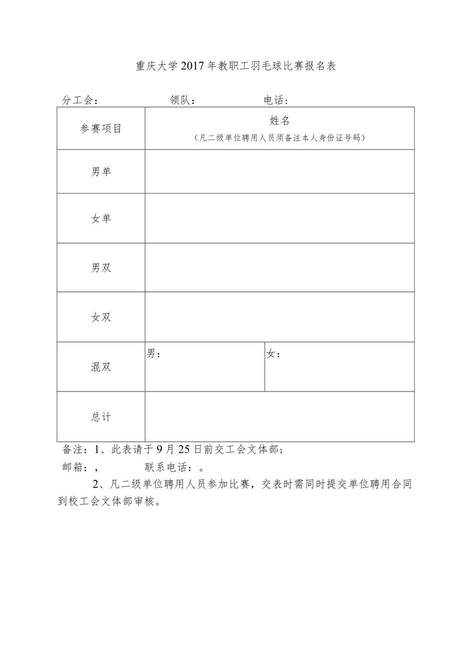 重庆大学2017年教职工羽毛球比赛报名表.docx_第1页