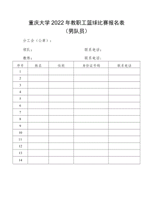 重庆大学2022年教职工篮球比赛报名表男队员.docx