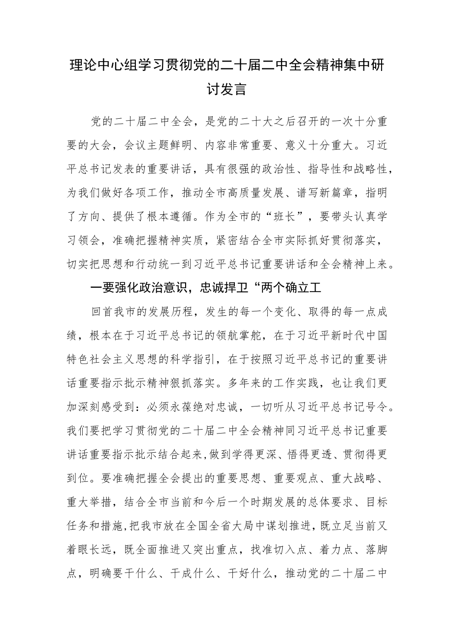 理论中心组学习贯彻党的二十届二中全会精神集中研讨发言.docx_第1页