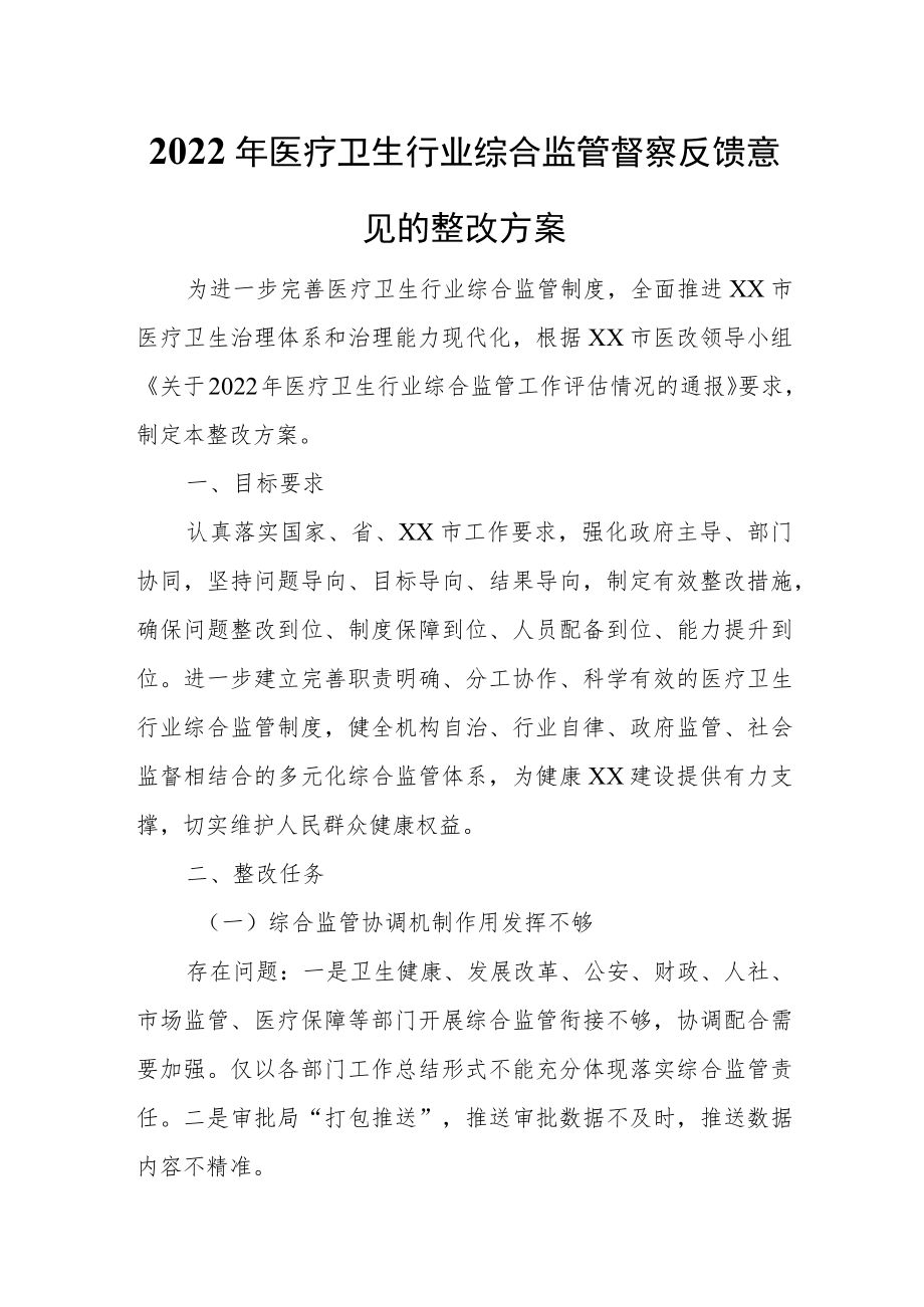 2022年医疗卫生行业综合监管督察反馈意见的整改方案.docx_第1页