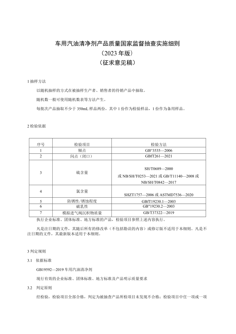 15 《车用汽油清净剂产品质量国家监督抽查实施细则（2023年版）》（征求意见稿）.docx_第1页