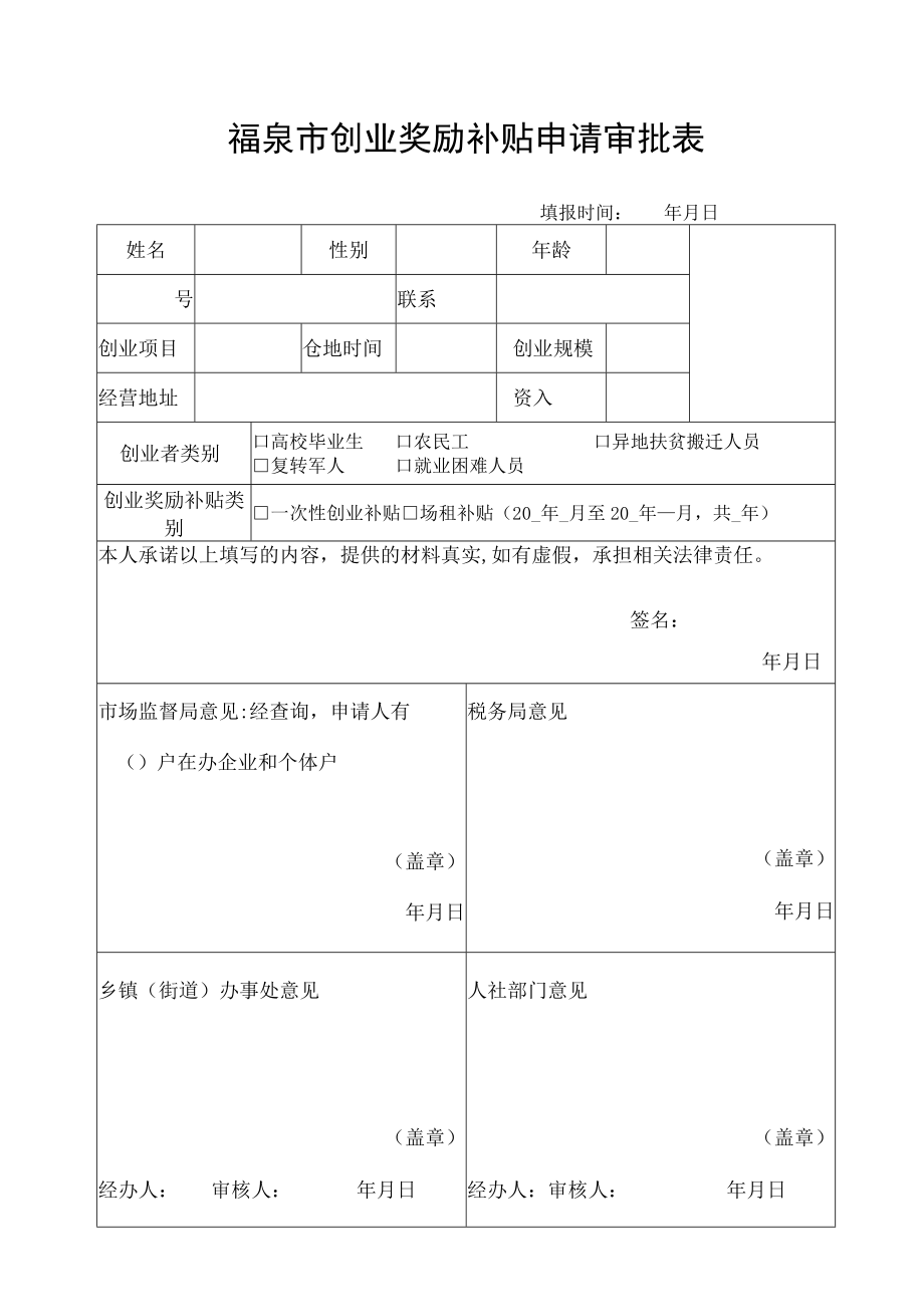 福泉市创业奖励补贴申请审批表.docx_第1页