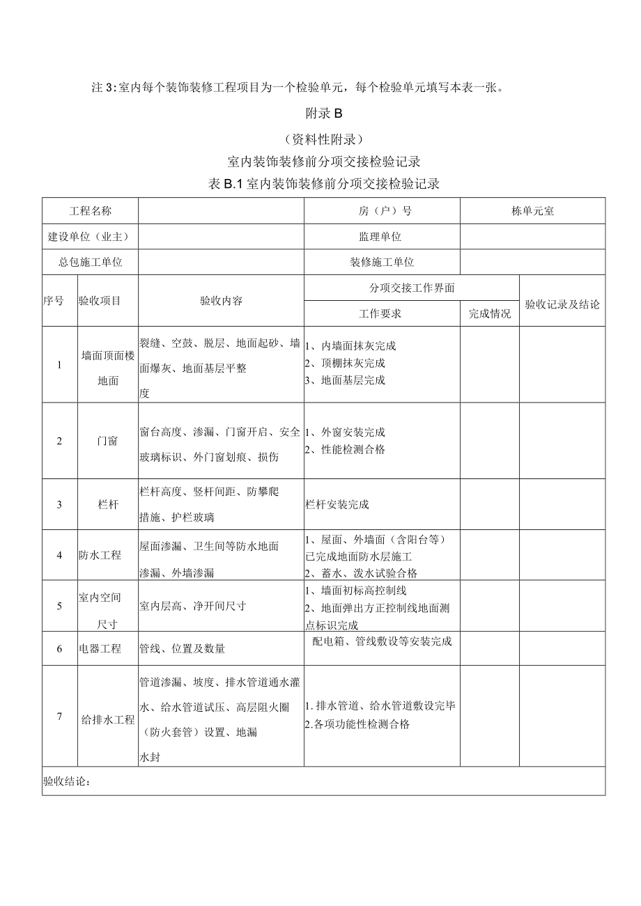 室内净距、净高尺寸、装饰装修前分项交接检验记录、分项工程划分、质量验收记录.docx_第2页