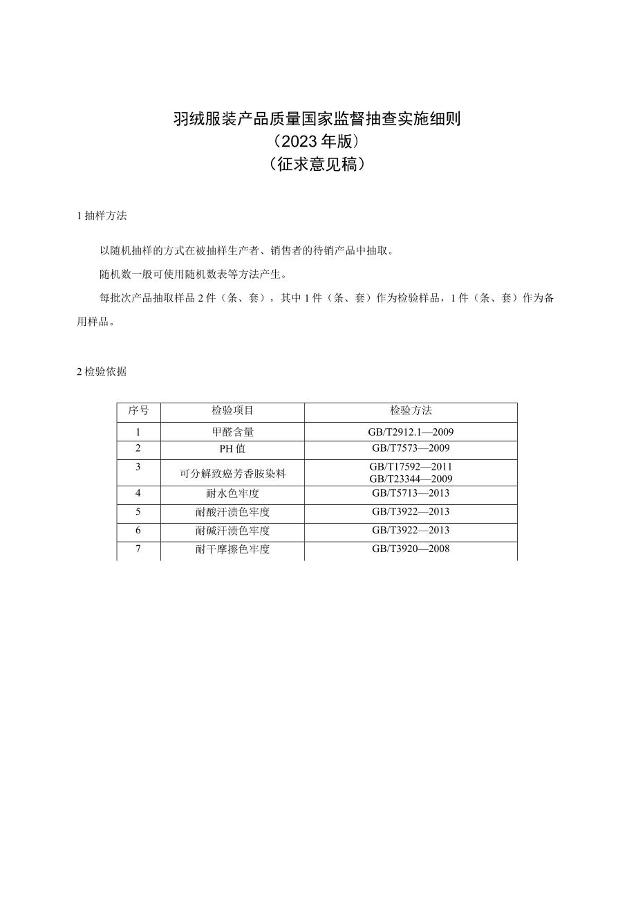 1 《羽绒服装产品质量国家监督抽查实施细则（2023年版）》（征求意见稿）.docx_第1页