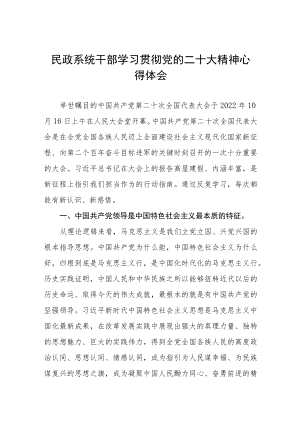 2023年民政系统干部学习党的二十大精神心得体会五篇例文.docx