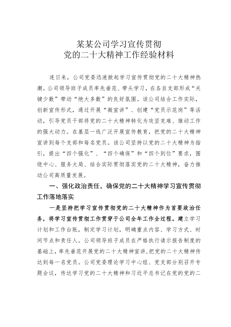 某某公司学习宣传贯彻党的二十大精神工作经验材料.docx_第1页