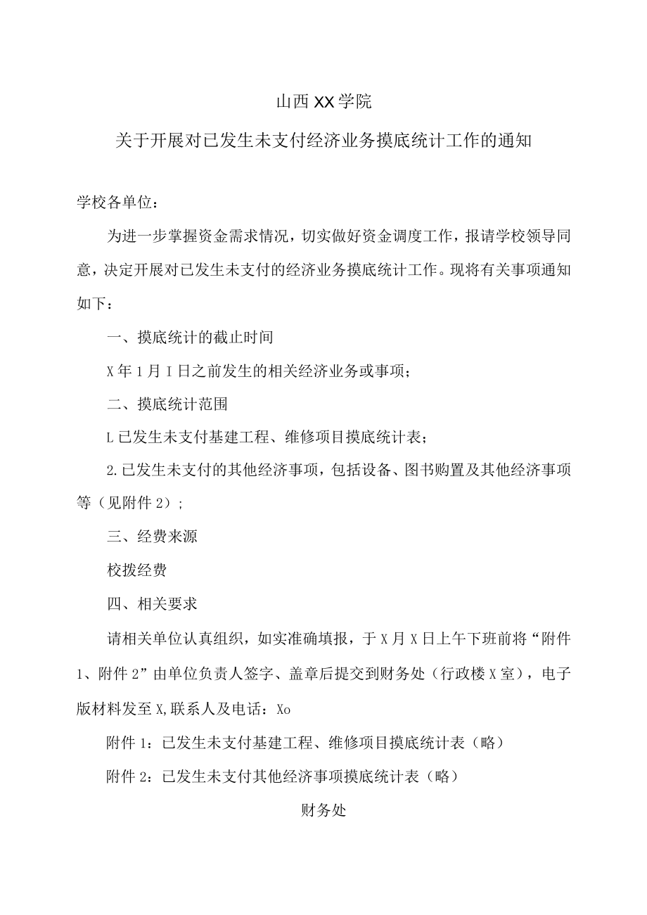 山西XX学院关于开展对已发生未支付经济业务摸底统计工作的通知.docx_第1页