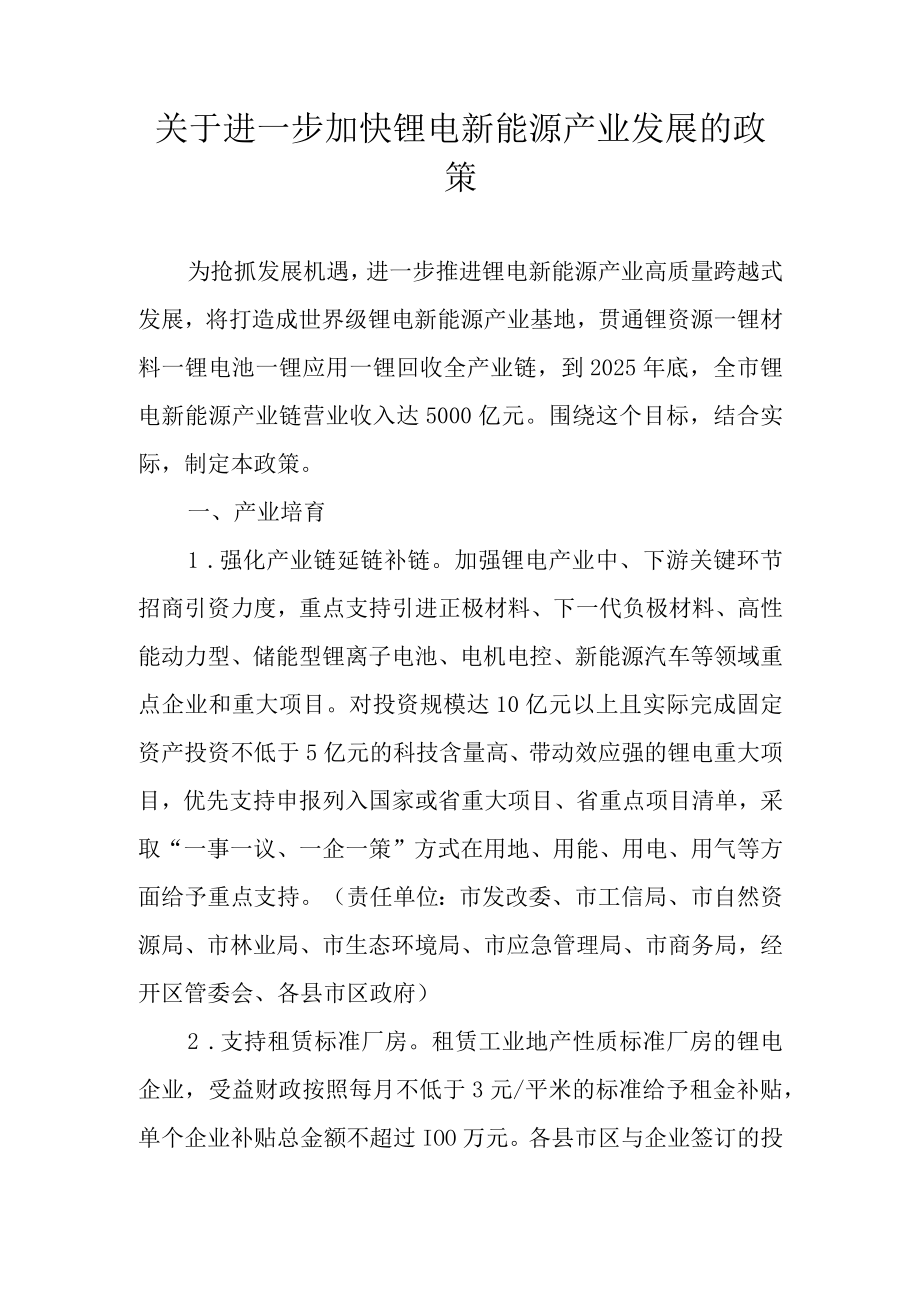 关于进一步加快锂电新能源产业发展的政策.docx_第1页