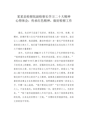 某某县检察院副检察长学习二十大精神心得体会：传承红色精神做好检察工作.docx