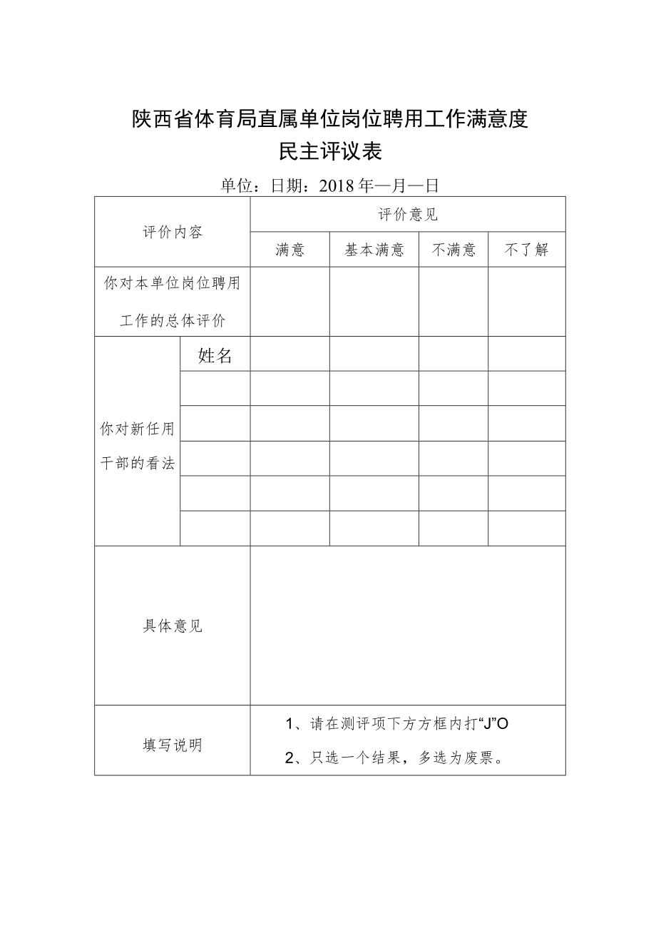 陕西省体育局直属单位岗位聘用工作满意度民主评议表.docx_第1页