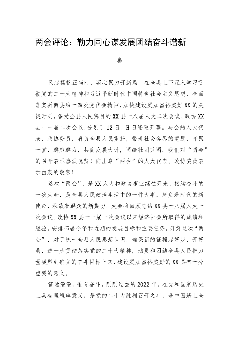 两会评论：勠力同心谋发展+团结奋斗谱新篇（20230308）.docx_第1页