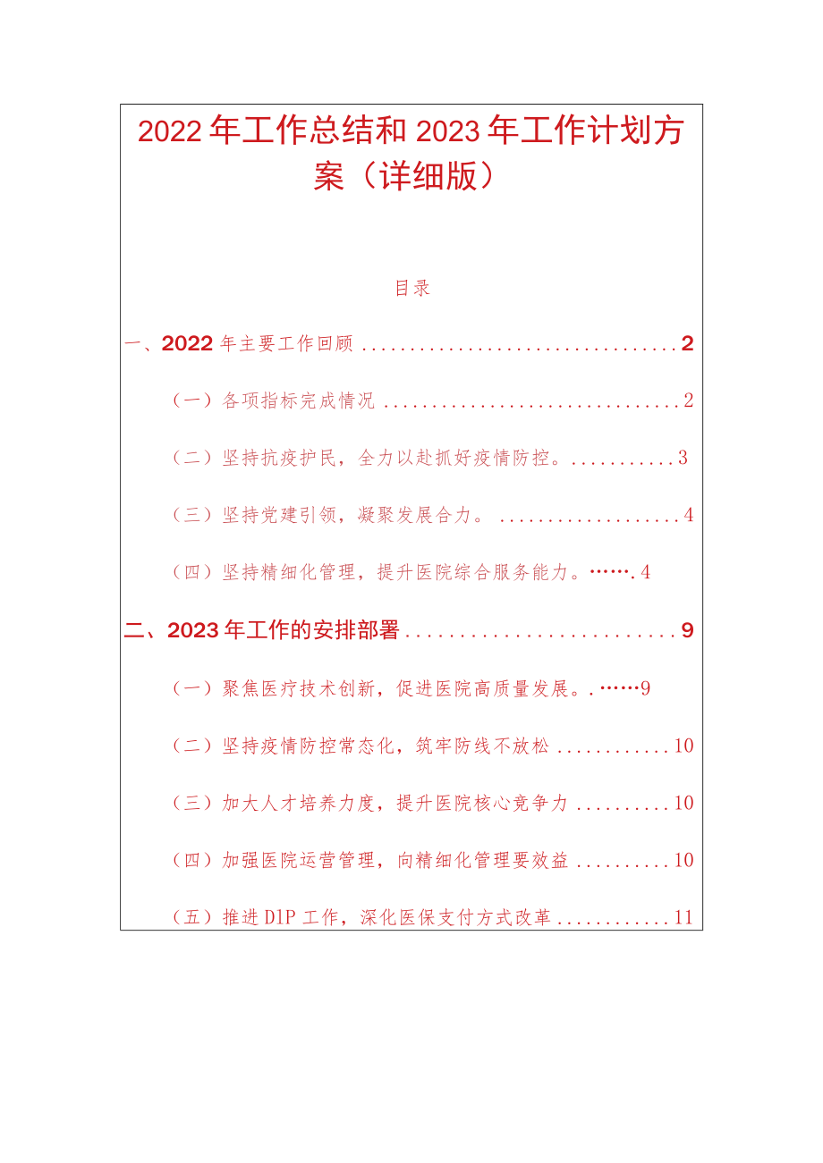 2023年医院年度工作总结和工作计划方案（详细版）.docx_第1页