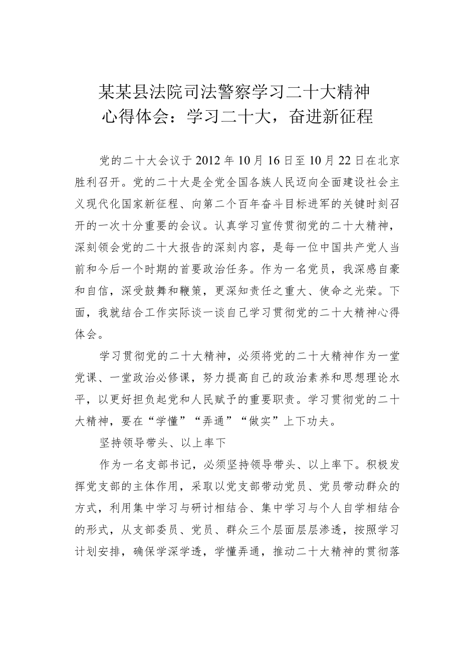 某某县法院司法警察学习二十大精神心得体会：学习二十大奋进新征程.docx_第1页