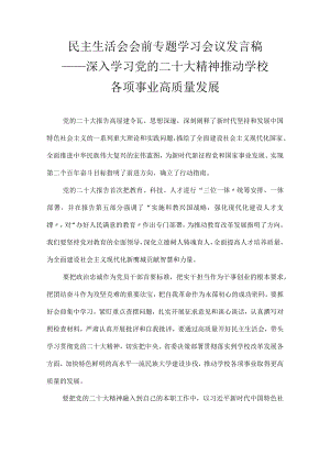 民主生活会会前专题学习会议发言稿——深入学习党的二十大精神 推动学校各项事业高质量发展.docx