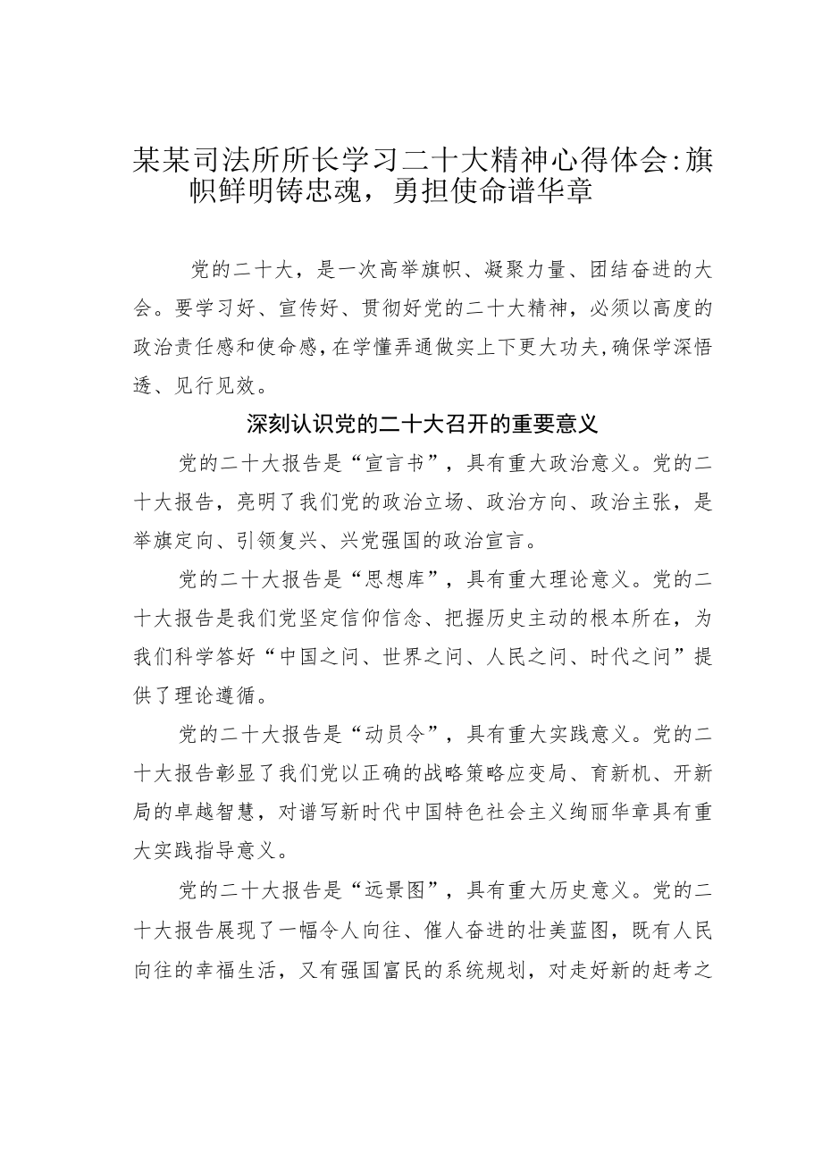 某某司法所所长学习二十大精神心得体会：旗帜鲜明铸忠魂勇担使命谱华章.docx_第1页