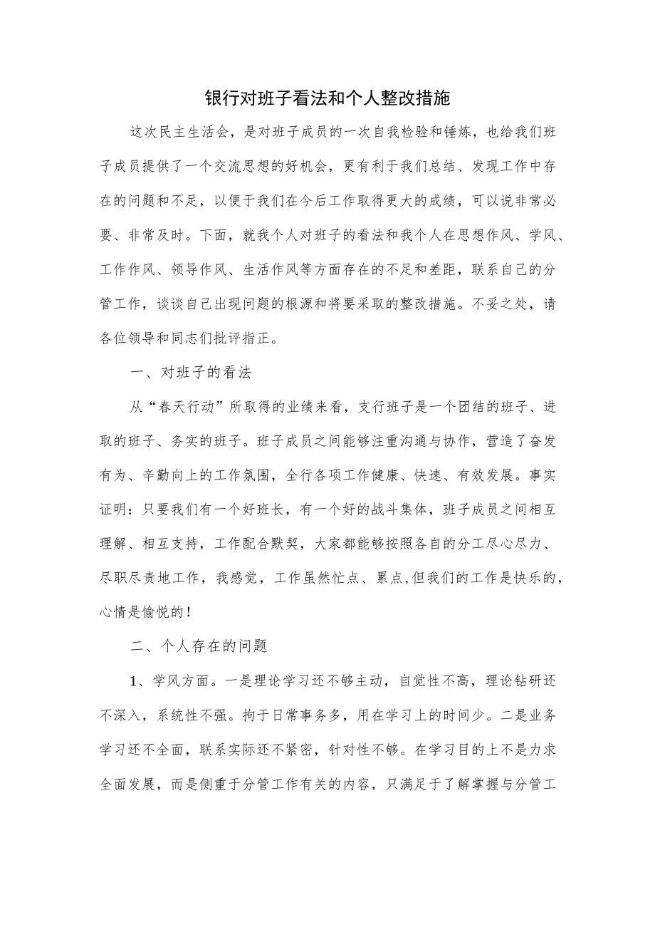 银行对班子看法和个人整改措施.docx_第1页