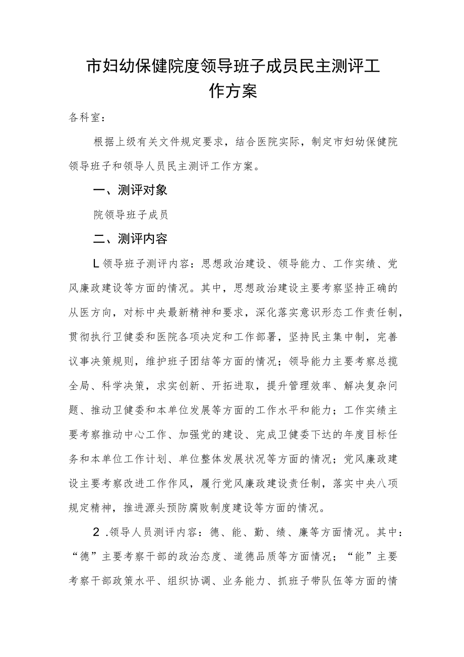 市妇幼保健院度领导班子成员民主测评工作方案.docx_第1页