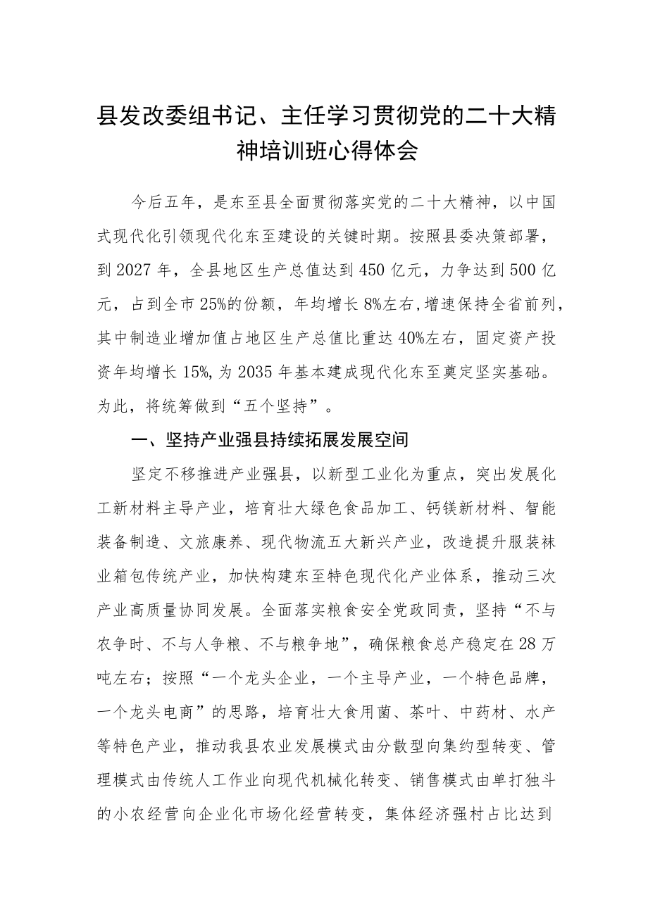 县发改委组书记、主任学习贯彻党的二十大精神培训班心得体会三篇模板.docx_第1页