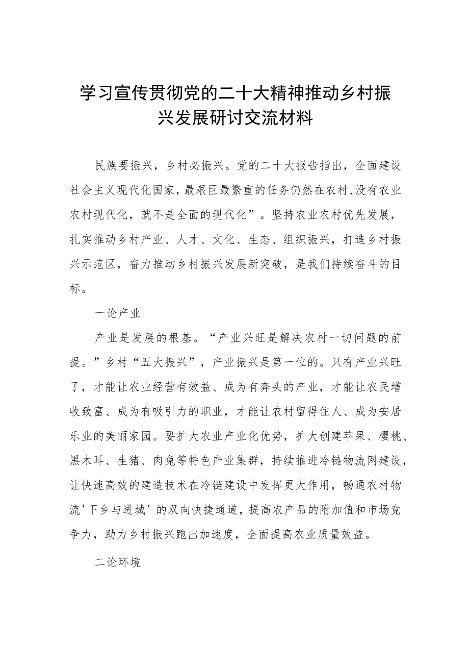 学习宣传贯彻党的二十大精神推动乡村振兴发展研讨交流材料.docx_第1页