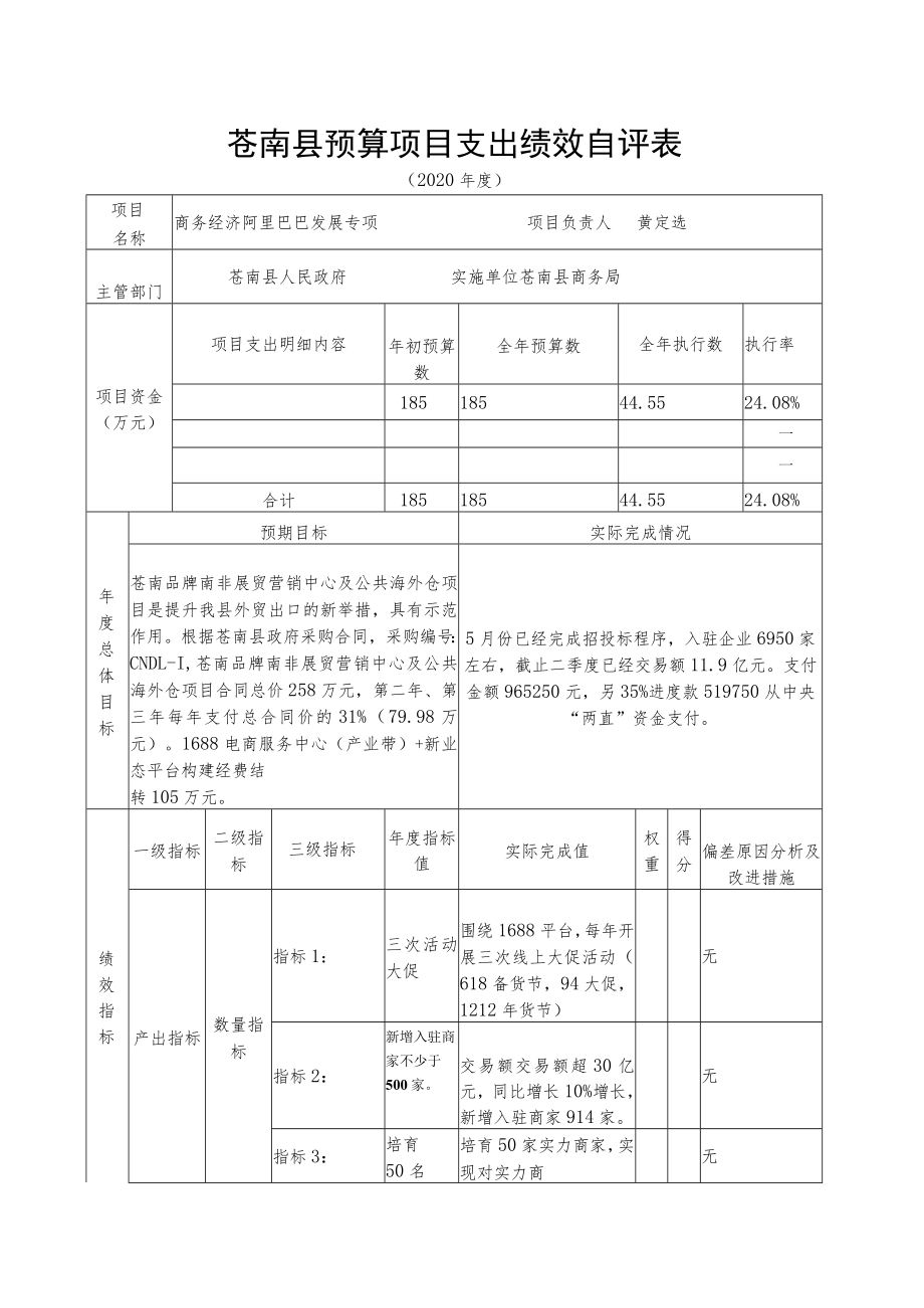 苍南县预算项目支出绩效自评表.docx_第1页