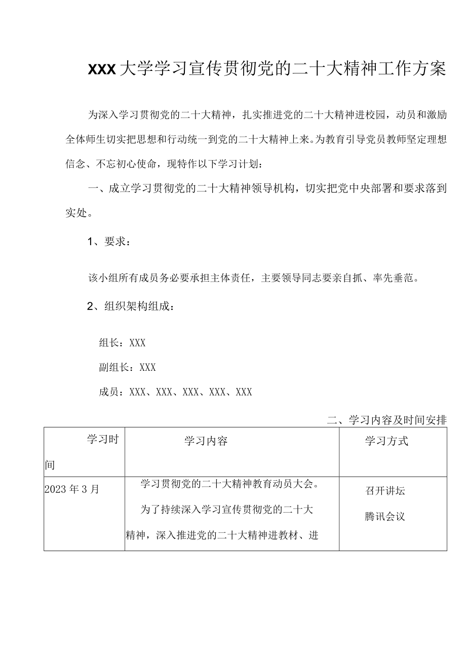 XXX大学学习宣传贯彻党的二十大精神工作方案.docx_第1页