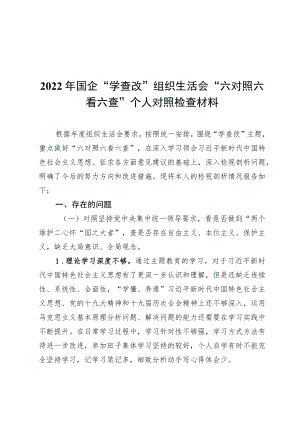 2022年国企“学查改”组织生活会“六对照六看六查”个人对照检查材料.docx