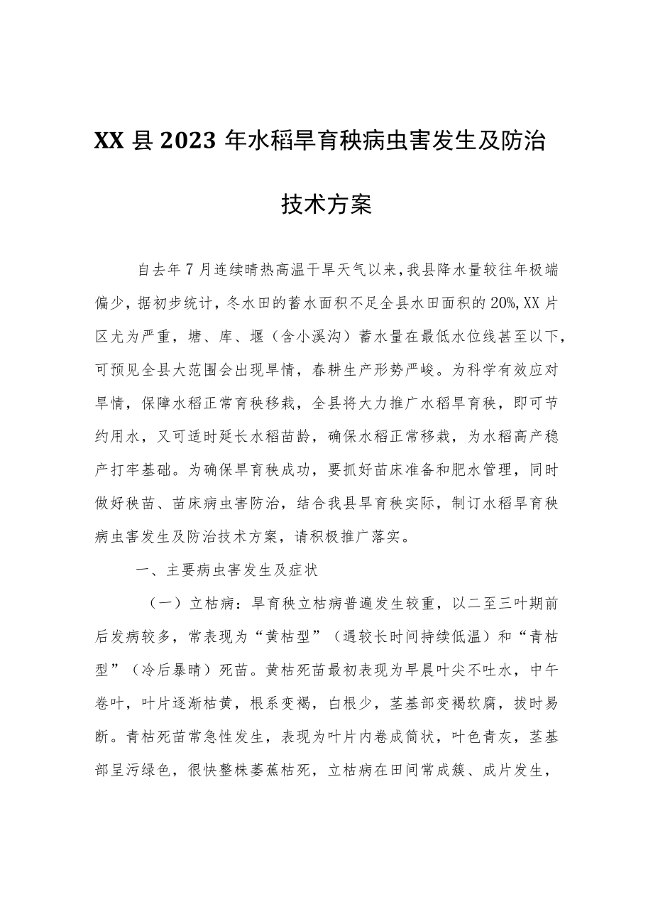 XX县2023年水稻旱育秧病虫害发生及防治技术方案.docx_第1页