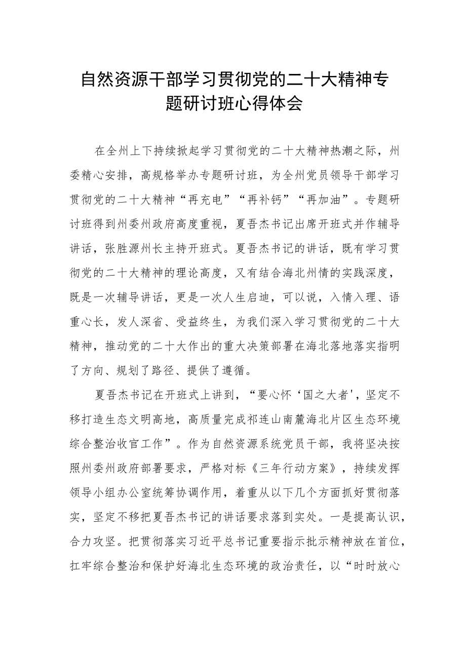 自然资源干部学习贯彻党的二十大精神专题研讨班心得体会.docx_第1页