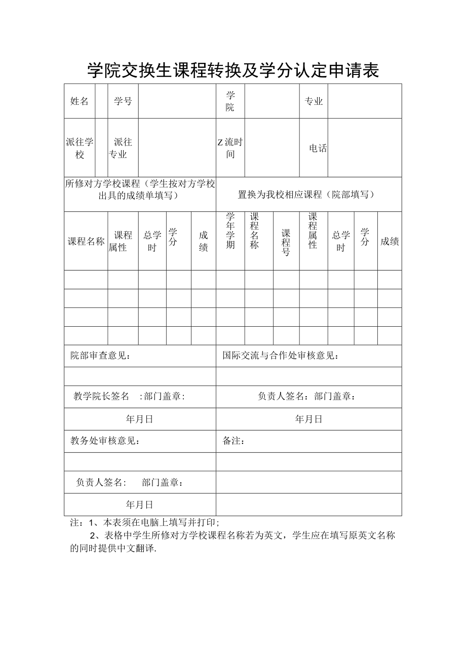 学院交换生课程转换及学分认定申请表.docx_第1页