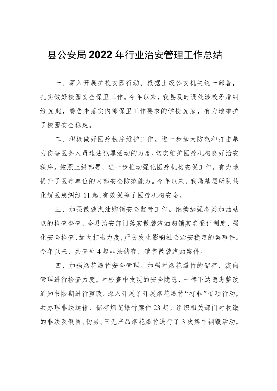 县公安局2022年行业治安管理工作总结.docx_第1页