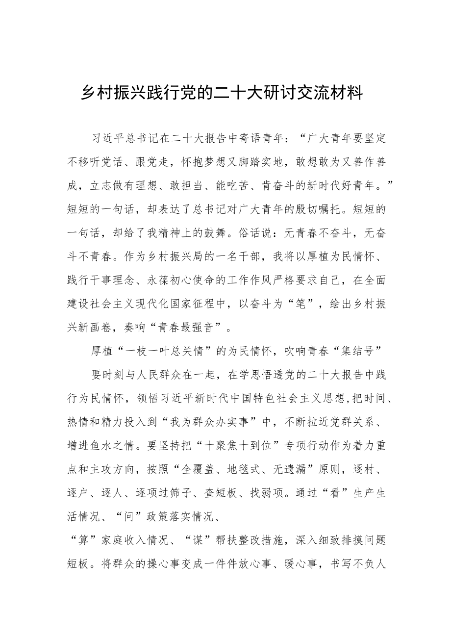 乡村振兴践行党的二十大研讨交流材料.docx_第1页